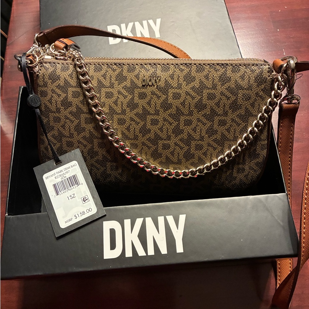DKNY Brown and Tan Crossbody Bag with Chain